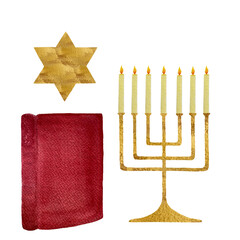Watercolor menorah candle, Holy Book, star, for Hanuka, religious illustration isolated on white