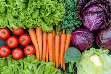 Showcasing a Colorful Array of Various Types of Vegetables Such as Lettuce, Tomatoes, and Carrots. Represents Nutritional Balance and Dietary Diversity.