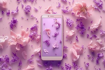 Mobile Phone Screen Mockup Amidst Floral Arrangement. A smartphone with a blank screen is encased in soft pink flowers and petals scattered on a purple surface for artistic mockup.

