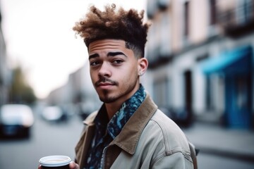 cropped portrait of a handsome young man having coffee on the road - obrazy, fototapety, plakaty