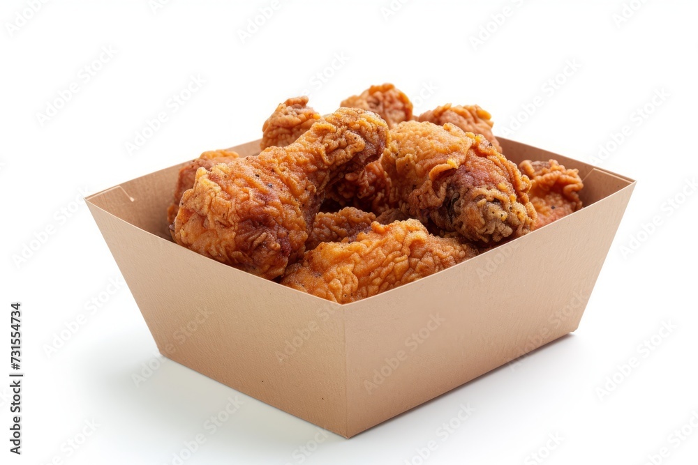 Sticker fried chicken on white background in paper box and bowl ready for delivery