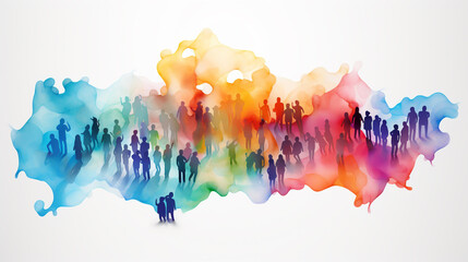 Crowd illustration, large group of people walking on white space, top view