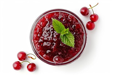 Glass bowl of red berry jam isolated top view