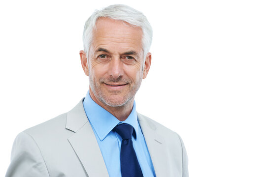 Smile, portrait and senior businessman in studio with positive, good and confident attitude. Happy, legal career and headshot of professional mature male lawyer in suit isolated by white background.