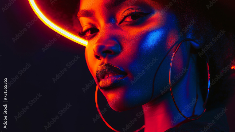 Poster fashion woman in neon light, portrait of beauty model with fluorescent makeup. fashion portrait with