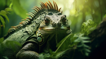 Fototapeta premium Exotic Iguana in Natural Greenery: Close-up of a Happy Lizard in Wildlife. Generative AI