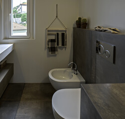 Stylish interior of modern bathroom with toilet bowl
