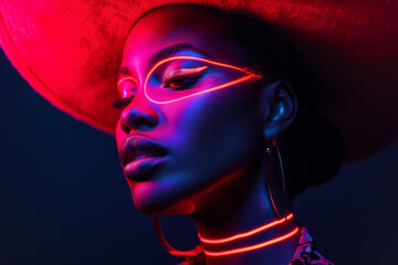 Fashion woman in neon light, portrait of beauty model with fluorescent makeup. fashion portrait with pink and green. a beautiful glamor model with stylish make-up on the face a shimmer