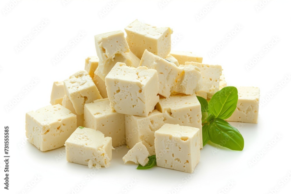 Wall mural Diced tofu cheese on white background isolated with depth of field - Wall murals