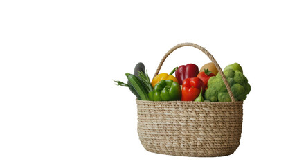 Wicker basket with various grocery products including fresh vegetables and fruits.