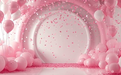 3d render of pink birthday, Valentine’s Day background with balloons and confetti.