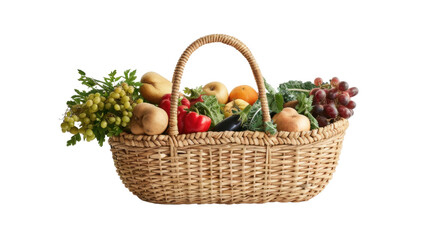 Fototapeta na wymiar Wicker basket with various grocery products including fresh vegetables and fruits.
