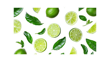 Lemon fruit with slices and green leaves isolated on white background. Top view. Flat lay.