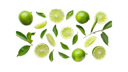 Lemon fruit with slices and green leaves isolated on white background. Top view. Flat lay.