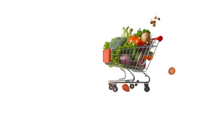 Grocery cart, food shopping in supermarket, floating food ingredients. Isolated