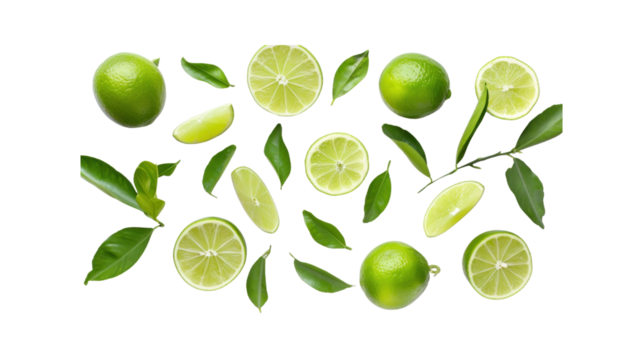 Lemon fruit with slices and green leaves isolated on white background. Top view. Flat lay.