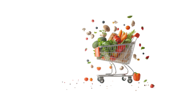 Grocery cart, food shopping in supermarket, floating food ingredients. Isolated