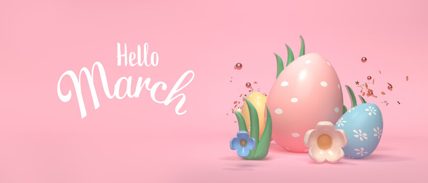 Hello March message with colorful Easter eggs and spring holiday pastel colors