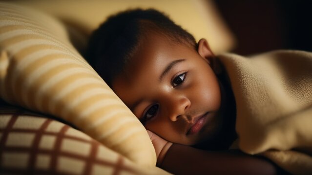 A cute little African American boy falls asleep on a cozy bed with white linens in the evening in the room