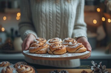 a woman holds cinnamon buns while preparing them in a kitchen