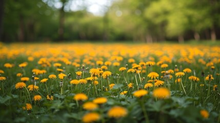 Obraz premium A tranquil meadow blanketed with a sea of golden dandelions