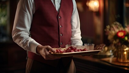Against a backdrop of sophistication, a waiter presents impeccable service, exuding elegance and professionalism while carrying a tray of delectable delights in a luxury hotel environment.