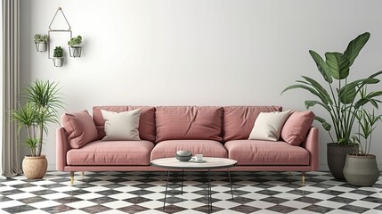 Modern living room with checkered floor, pink couch, coffee table, and white wall.