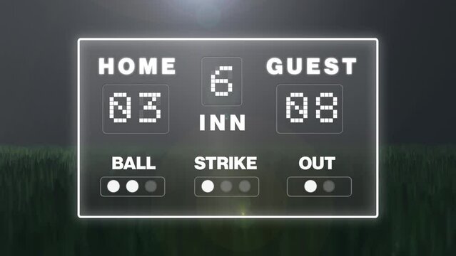 Television footage of baseball bat, score board and two teams of diverse female baseball players on 