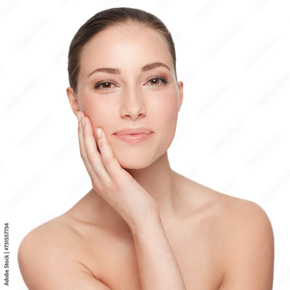 Poster Woman, portrait and facial, natural beauty and cosmetics with dermatology isolated on white background. Hand, skincare and self care with clean face and wellness, model with glow in a studio