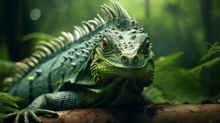 Fototapeta premium Exotic Iguana in Natural Greenery: Close-up of a Happy Lizard in Wildlife. Generative AI