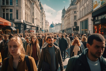 Mass of people walking on the street. Urban street photography concept. Crowd of people walking in shopping street