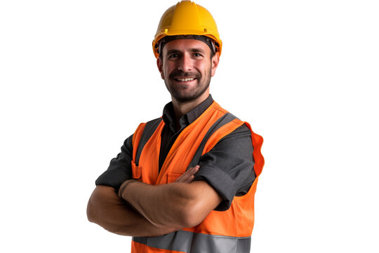 Portrait of smiling construction worker on isolated background