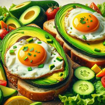 Sandwich with fried egg, avocado and vegetables