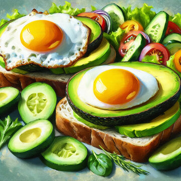Sandwich with fried egg, sliced avocado and vegetables