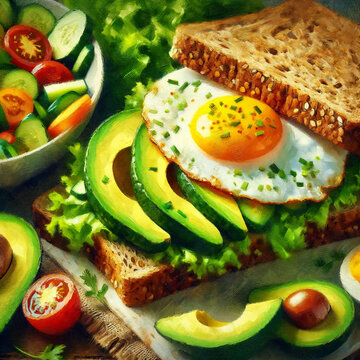 Sandwich with fried egg, sliced avocado and vegetables