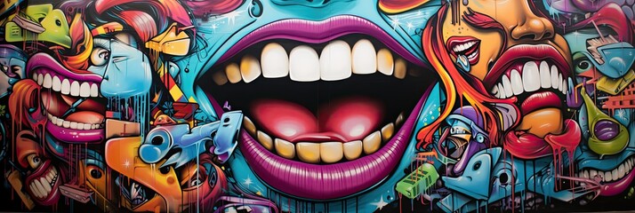 A vibrant cartoon-style graffiti design adorns the wall, brought to life with colorful spray paint and expressive strokes..