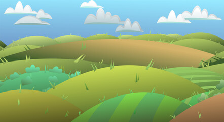 Landscape green summer. Cool evening sky with clouds. View of the farmland. Cartoon fun style. Flat design. Vector