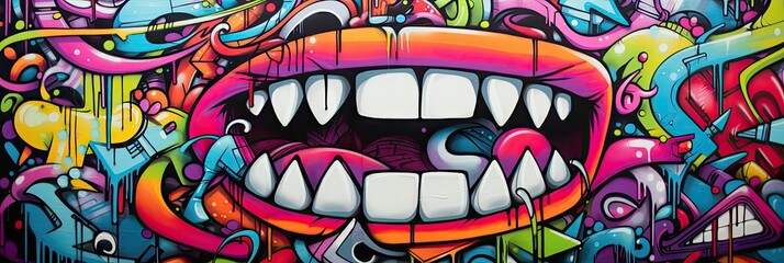 A vibrant cartoon-style graffiti design adorns the wall, brought to life with colorful spray paint and expressive strokes..