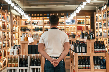 Back view. Wine shop owner in white shirt and black apron - obrazy, fototapety, plakaty