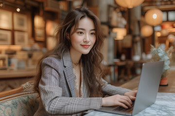 Elegant and fashionable asian professional elite buyer woman working at a cafe surrounded by antiques