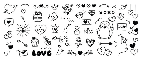Set of valentine doodle element vector. Hand drawn doodle style collection of heart, arrow, balloon, flower, speech bubble, penguin, rocket. Design for print, cartoon, decoration, sticker, clipart. 