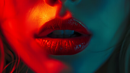 A close-up of a woman's lips showing a red light, in the style of neon impressionism
