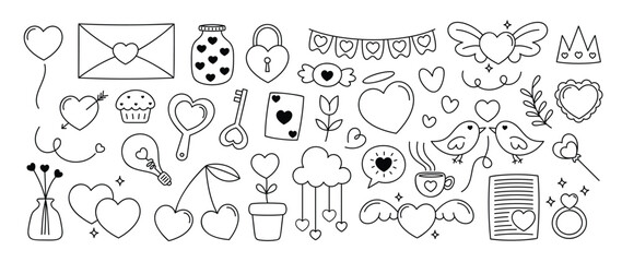 Set of valentine doodle element vector. Hand drawn doodle style collection of heart, bird, key, envelope, flag, ring, crown, cupcake. Design for print, cartoon, decoration, sticker, clipart. 