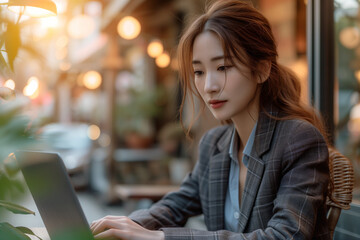 Asian business analyst woman using laptop in green cafe
