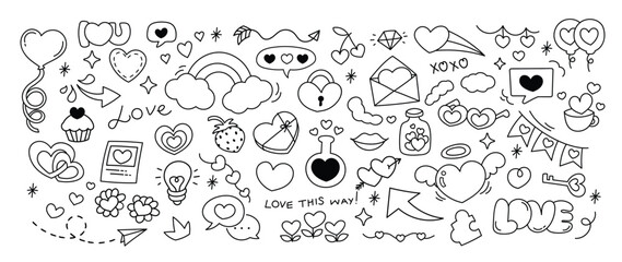 Set of valentine doodle element vector. Hand drawn doodle style collection of heart, cupcake, key, rainbow, balloon, arrow, speech bubble. Design for print, cartoon, decoration, sticker, clipart. 
