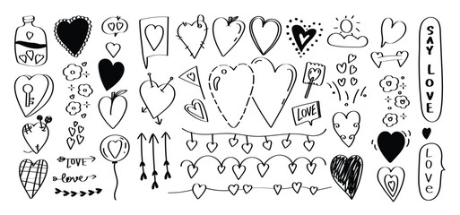 Set of valentine doodle element vector. Hand drawn doodle style collection of heart, arrow, speech bubble, flower, key, bottle, balloon. Design for print, cartoon, decoration, sticker, clipart. 