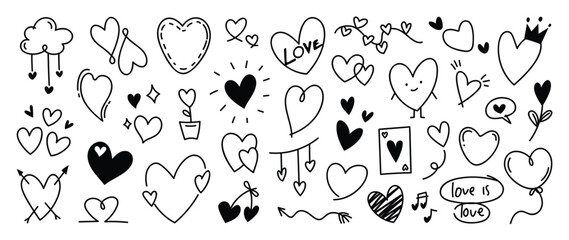Set of valentine doodle element vector. Hand drawn doodle style collection of heart, arrow, balloon, flower, speech bubble, melody, card. Design for print, cartoon, decoration, sticker, clipart. 
