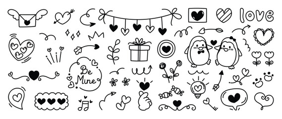Set of valentine doodle element vector. Hand drawn doodle style collection of heart, arrow, balloon, flower, speech bubble, penguin, gift. Design for print, cartoon, decoration, sticker, clipart. 