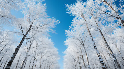 Low angle view of snow covered conifers surrounding the blue sky on a cold winter day, whitehorse, yukon, canada