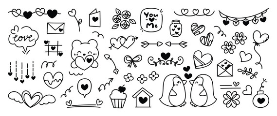 Set of valentine doodle element vector. Hand drawn doodle style collection of heart, arrow, penguin, bear, cupcake, ribbon, bomb, flower. Design for print, cartoon, decoration, sticker, clipart. 
